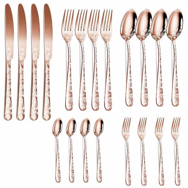 20-Piece Rose Gold Unique Pattern Stainless Steel Flatware Set (Service for 4), Mirror Polished, Dishwasher Safe