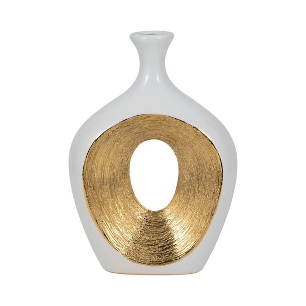 Liv & Skye 13 in. White/Gold Ceramic Geometric 2-Tone Scratched Decorative Vase