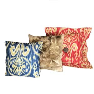 Sidekick Country Red and Blue Ikat Brown Minky Cotton Pillow 15 in. x 15 in. 12 in. x 12 in. 10 in. x 10 in. (Set of 3)