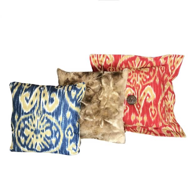 Cotton Tale Designs Sidekick Country Red and Blue Ikat Brown Minky Cotton Pillow 15 in. x 15 in. 12 in. x 12 in. 10 in. x 10 in. (Set of 3)