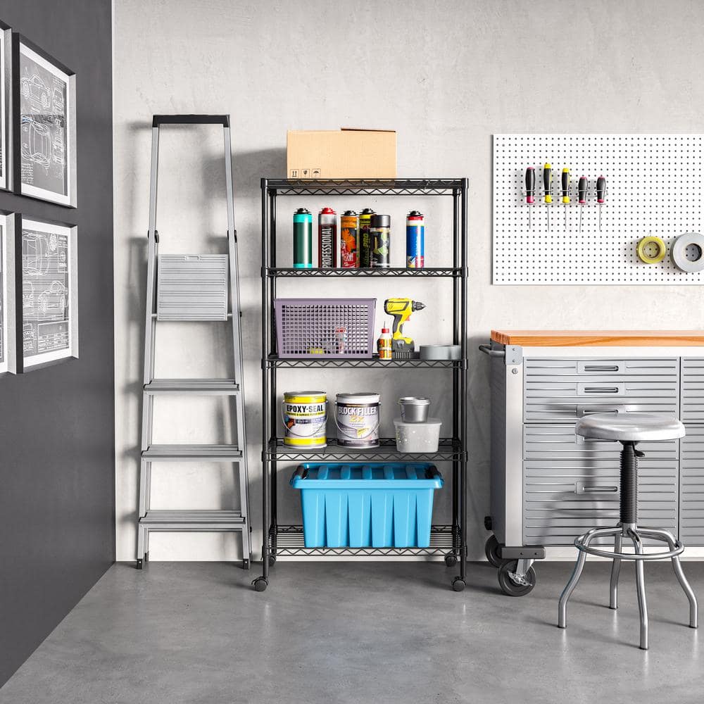 5-Tier Black Steel Wire Shelving Unit with Adjustable Shelves