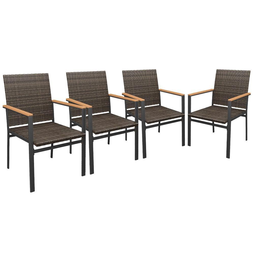vicllax Set of 4 Brown Wicker Patio Dining Chairs with Black Frame
