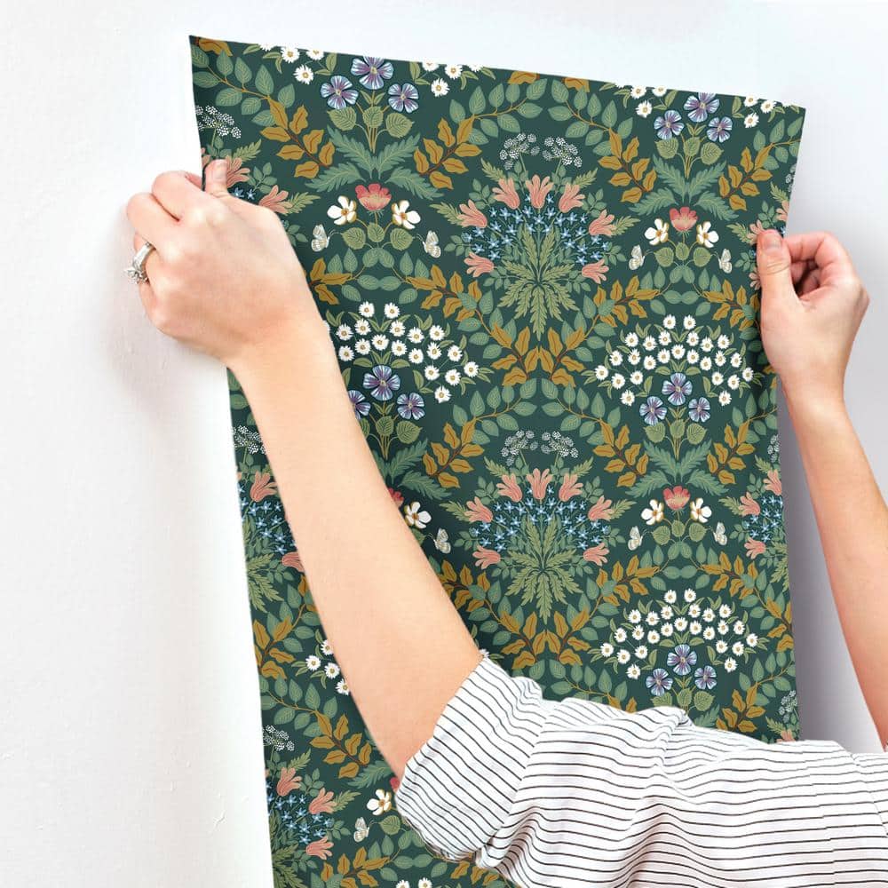 Green and Gold Floral Nonwoven Wallpaper Roll