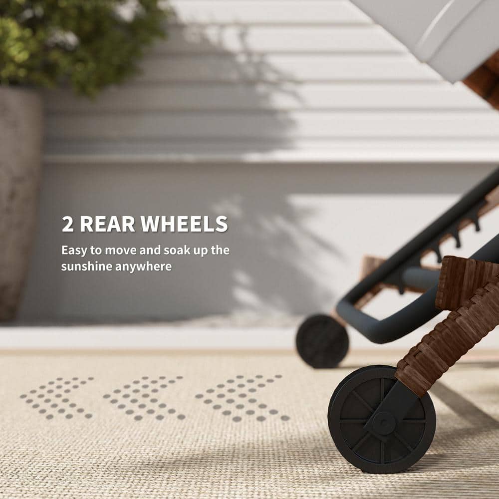 Beige Wicker Outdoor Chaise Lounge with Cushions and Wheels