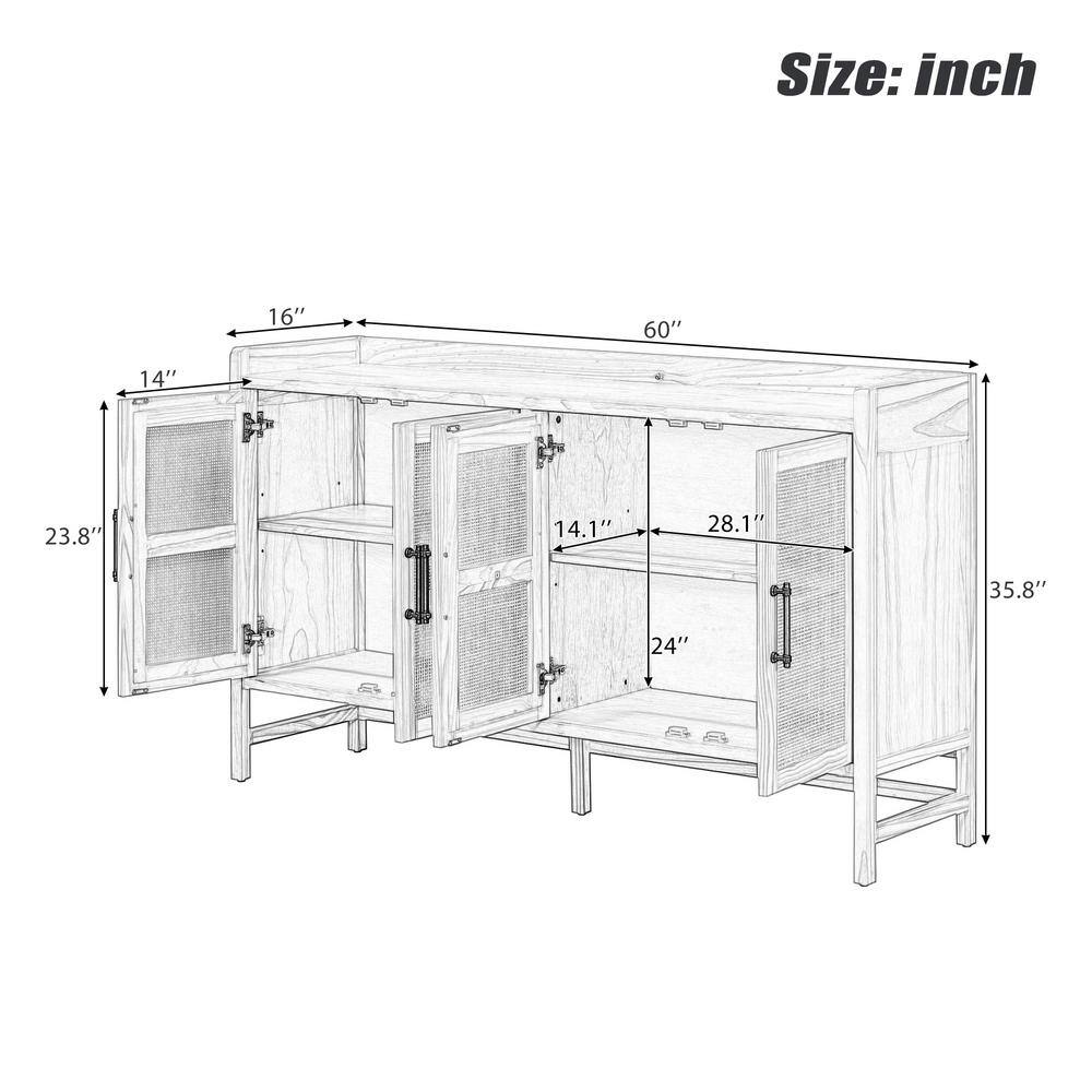Natural Walnut Wood 60 in. Sideboard with Rattan Doors
