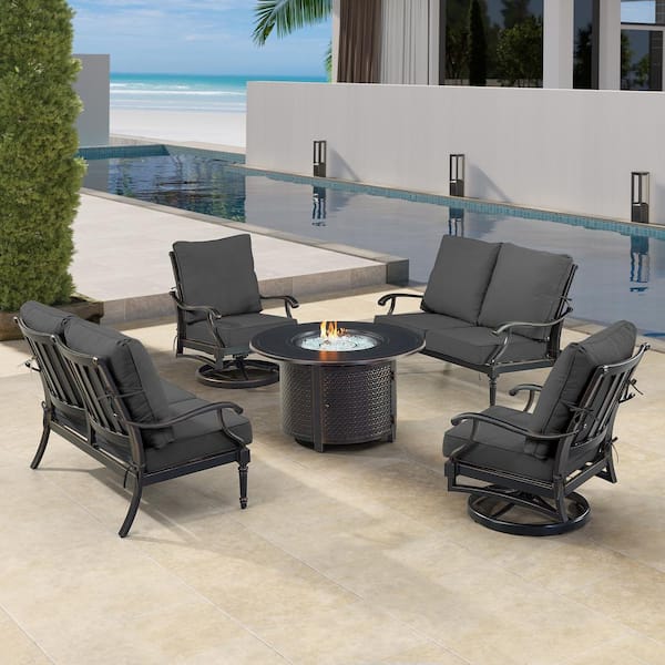 Oakland Living Black 5-Piece Aluminum Patio Fire Table Set with Black Cushions