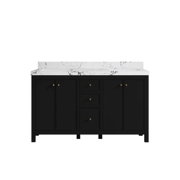 Willow Collections Chicago 60 in. W x 22 in. D x 36 in. H Double Sink Bath Vanity in Black with 2 in. Viola Night Qt. Top