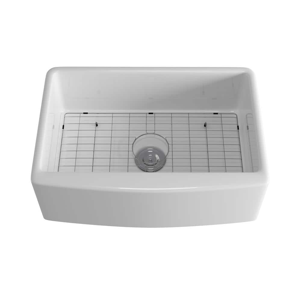 White Ceramic 29.75 in. Single Bowl Corner Farmhouse Apron Workstation Kitc