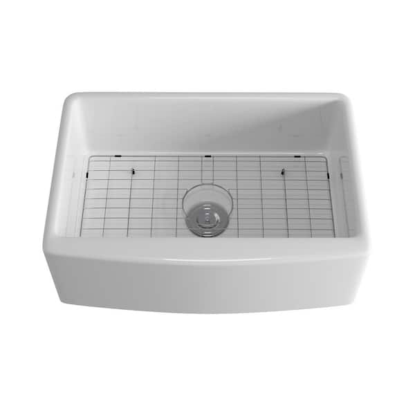 EPOWP White Ceramic 29.75 in. Single Bowl Corner Farmhouse Apron Workstation Kitchen Sink with Bottom Grid
