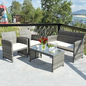 4-Piece Wicker Outdoor Patio Conversation Table Sofa Garden Furniture Set with Beige Cushions