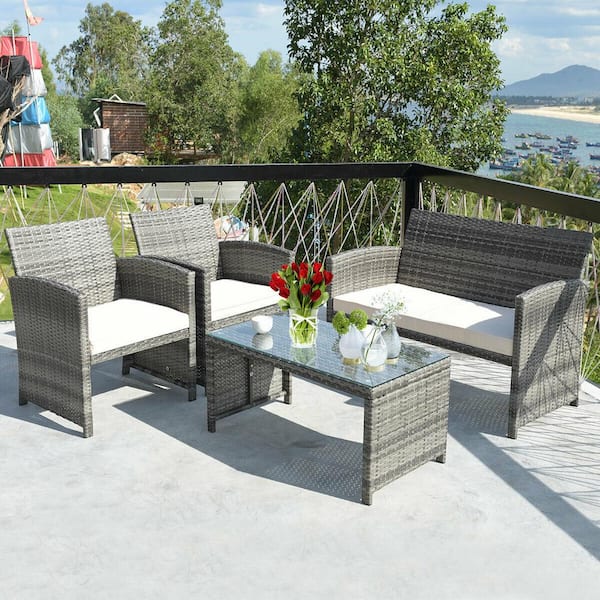 Costway 4-Piece Wicker Outdoor Patio Conversation Table Sofa Garden Furniture Set with Beige Cushions