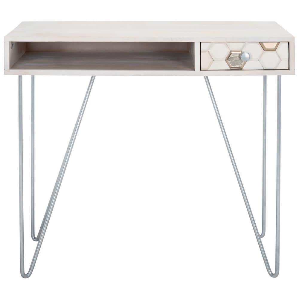 White Wood Writing Desk with Drawer and Hairpin Legs