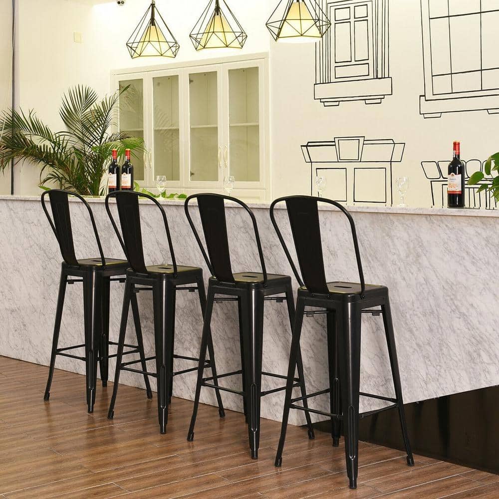 Black 4-Piece 30 in. High Back Metal Industrial Bar Stools with Top and Hig