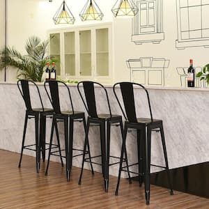 Black 4-Piece 30 in. High Back Metal Industrial Bar Stools with Top and High Backrest