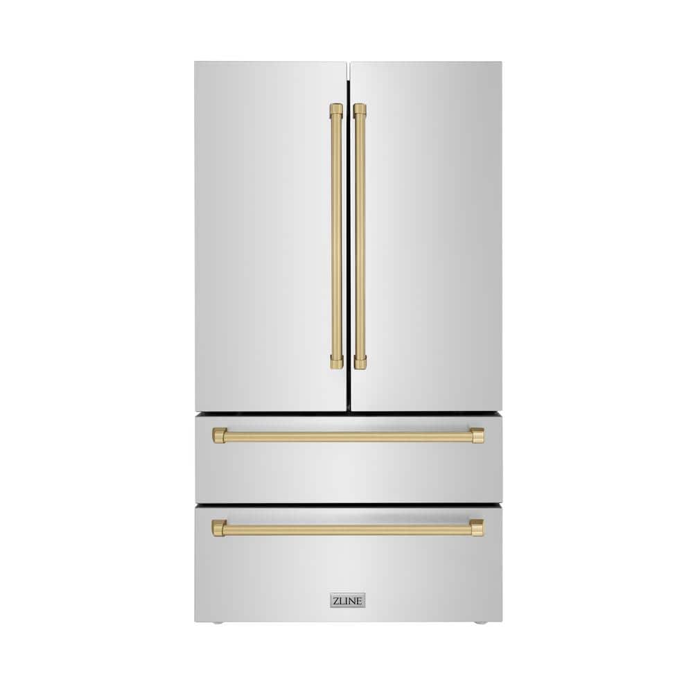 ZLINE Kitchen and Bath Autograph Edition 36 in. 4-Door French Door Refrigerator with Internal Ice Maker in Stainless Steel & Champagne Bronze, Brushed 430 Stainless Steel & Champagne Bronze