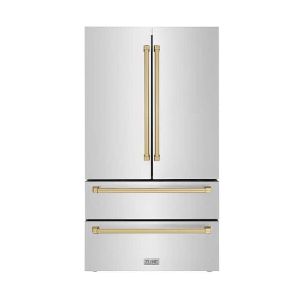 ZLINE Kitchen and Bath Autograph Edition 36 in. 4-Door French Door Refrigerator with Internal Ice Maker in Stainless Steel & Champagne Bronze