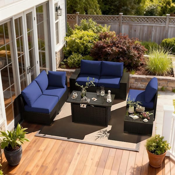 Black 7-Piece Wicker Rattan Patio Fire Pit Sectional Seating Set with Blue Cushions Fire Pit Sets, Coffee Table, 5-Seat