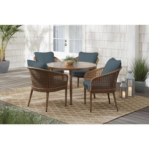 Coral Vista 5-Piece Brown Wicker and Steel Outdoor Patio Dining Set with Sunbrella Denim Blue Cushions