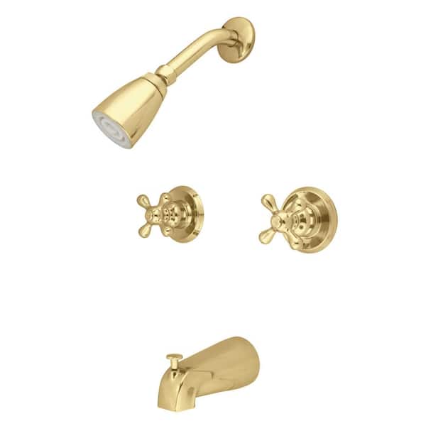 Kingston Brass Magellan 2-Handle 1-Spray Tub and Shower Faucet with Decor Cross Handle 1-Spray in Polished Brass (Valve Included)