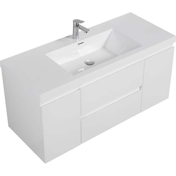 Oasis 47.2 in. Modern Wall-Mounted Floating Glossy White Bath Vanity with White Resin Top, Cabinet, Drawers, MDF