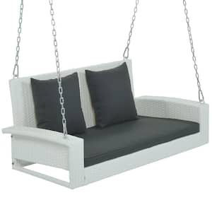 Anky 50 in. 2-Person Patio White Wicker Porch Swing Hanging Rattan Bench Chair for Garden with Gray Cushions