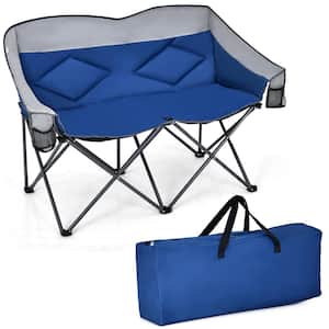 Folding Blue Camping Chair Loveseat Double Seat with Bags and Padded Backrest