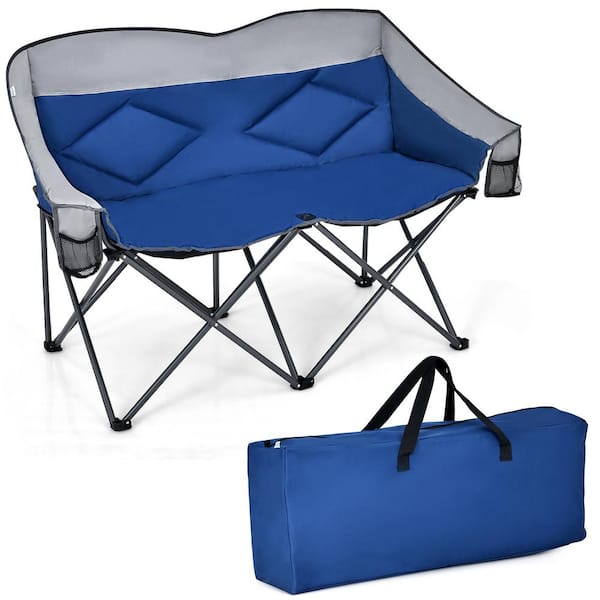 Costway Folding Blue Camping Chair Loveseat Double Seat with Bags and Padded Backrest