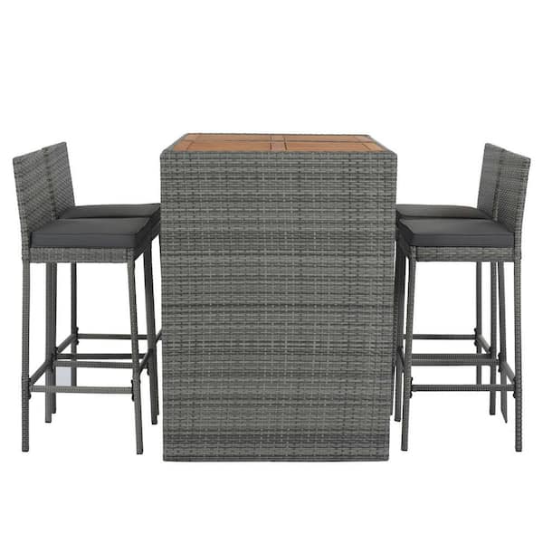 5-Pieces Wicker Outdoor Dining Set with Gray Removable Cushions, Bar Height Chairs With Non-Slip Feet And Fixed Rope