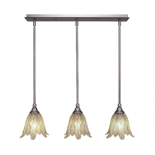 Unbranded Livingston 100-Watt 3 Light Brushed Nickel, Linear Pendant Light with 7 in. Vanilla Leaf Glass Shade No Bulbs Included
