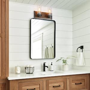 14 in. 2-Light Brushed Aged Silver Bathroom Vanity Light Rustic Wall Sconce with Brown Faux Wood Plate and Clear Glass