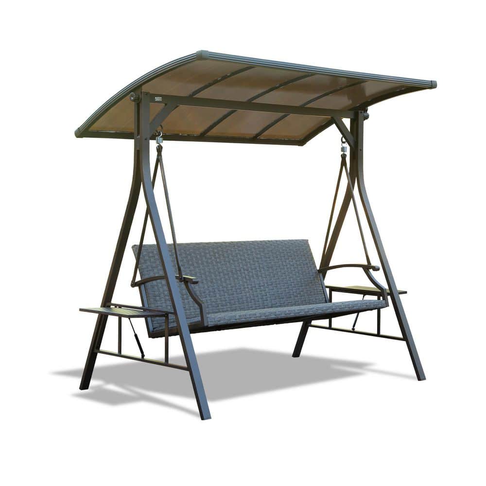Gray 3-Person Metal Patio Swing with Adjustable Polycarbonate Hardtop and S