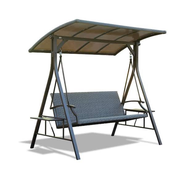 Unbranded Gray 3-Person Metal Patio Swing with Adjustable Polycarbonate Hardtop and Side Table