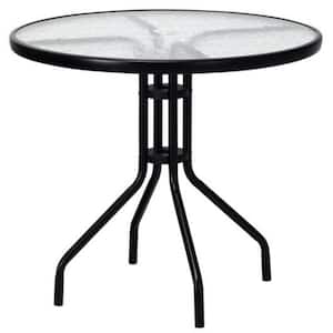 32 in. D x 28 in. H Round Metal Outdoor Patio Table with Tempered Glass Top and 1.6 in. Umbrella Hole