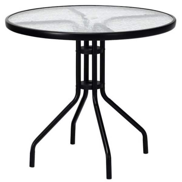 Clihome 32 in. D x 28 in. H Round Metal Outdoor Patio Table with Tempered Glass Top and 1.6 in. Umbrella Hole