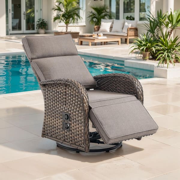 Plain Curve 1-Piece Brown Wicker Outdoor Adjustable Swivel Recliner Chair with Gray Cushions