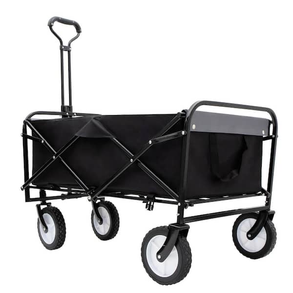 12.34 cu. ft. 360 lbs. Steel Garden Cart, Foldable Wagon Cart with Strapping System and 3-Piece Plastic Liner Bag Black