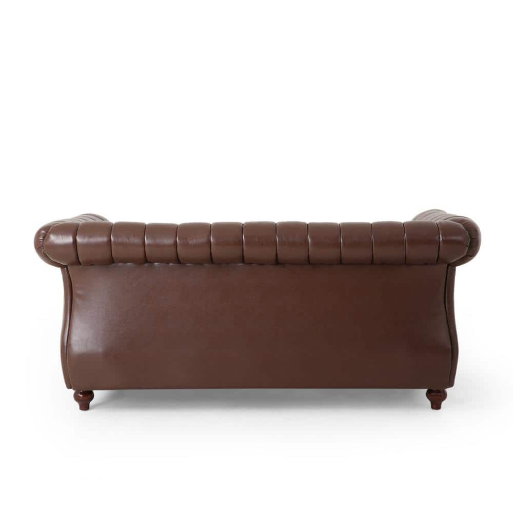 Elegant Dark Brown Faux Leather Loveseat with Espresso Wood Accents