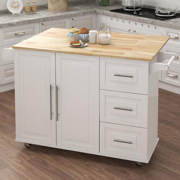 Staykiwi White MDF Kitchen Cart with 2 Door Cabinet, Spice Rack, Drop Leaf and Towel Rack