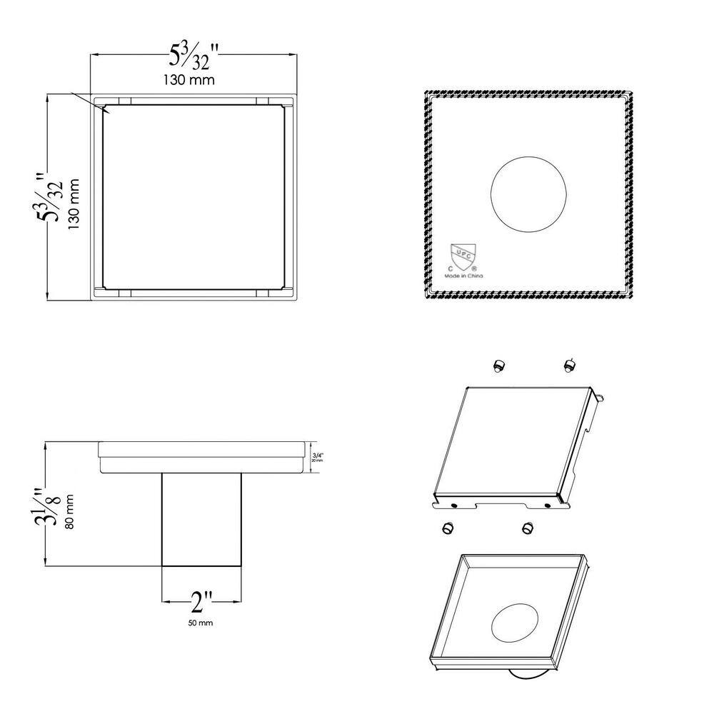 5.25'' Square Brushed Stainless Steel Shower Drain