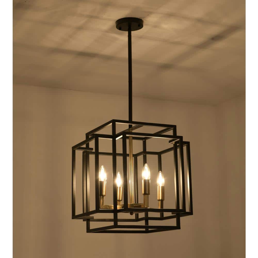 Black and Gold Metal Lantern Chandelier with Candle Bulbs