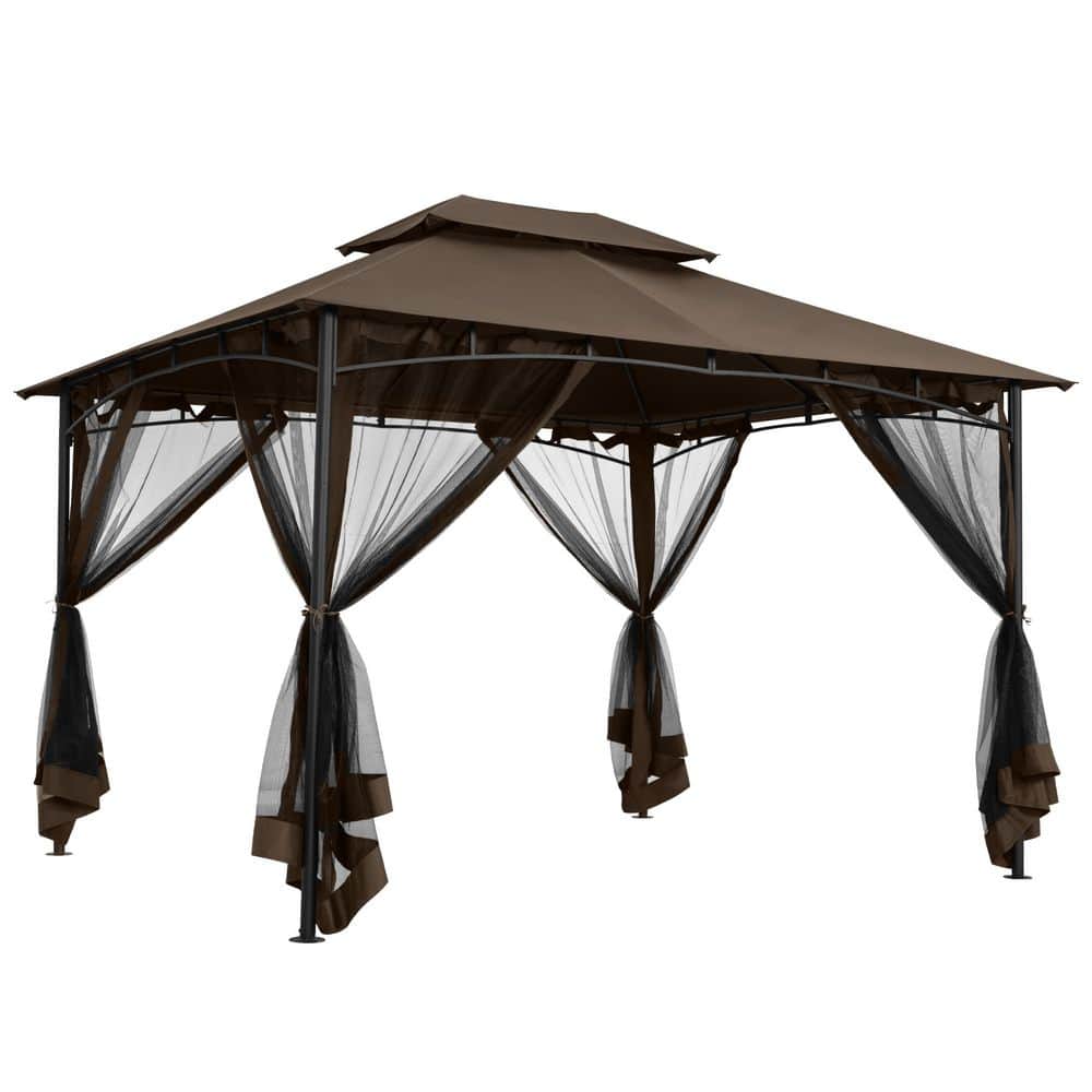 10 ft. x 12 ft. Brown Outdoor Metal Gazebo with Double Roof Soft Top and Netting price history on PriceWatchPro