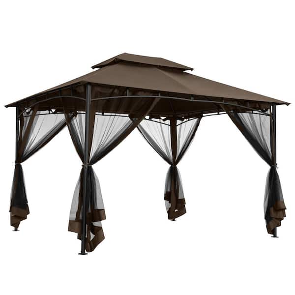 10 ft. x 12 ft. Brown Outdoor Metal Gazebo with Double Roof Soft Top and Netting