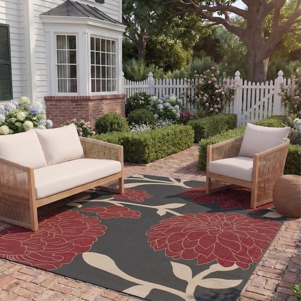 Courtyard Anthracite/Red 8 ft. x 11 ft. Floral Indoor/Outdoor Patio  Area Rug