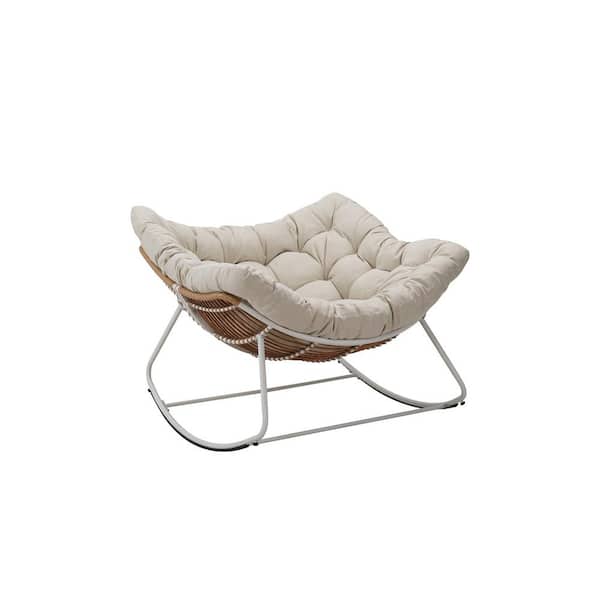 Runesay 44.5 in. W White Metal Outdoor Rocking Chair with Beige Cushions 2-Pack