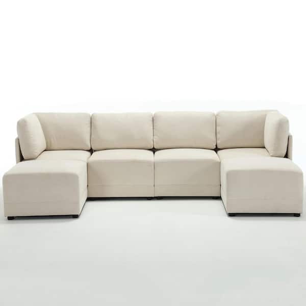 Morden Fort 120 in. Modular Sectional Couch 6-Piece Beige Living Room Set U Shaped Sofa with Chaise Ottoman