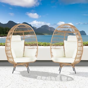 2 -Pieces Oversized Patio Brown Wicker Swivel Egg Chair, Indoor Outdoor Rattan Egg Chair