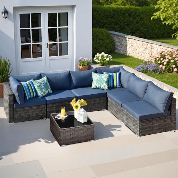 HOOOWOOO Messi Gray 7-Piece Wicker Outdoor Patio Conversation Sectional Sofa Set with Denim Blue Cushions