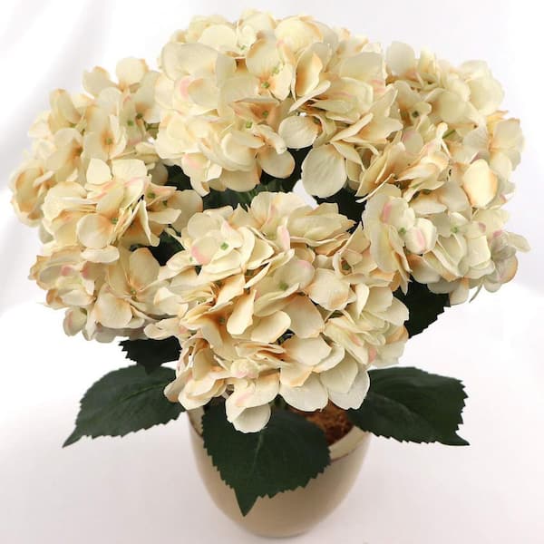 Larksilk 12 in. Beige Artificial Silk Hydrangea Centerpieces Bush 7 Realistic Head, Floral Home by Artificial Flowers