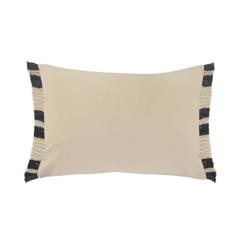 Gray and White Cotton Lumbar Pillow with Fringe, 16" x 24"