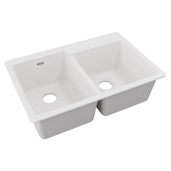 Elkay Quartz Classic 33 in. Drop-in Offset Double Bowl White Granite/Quartz Composite Kitchen Sink Only